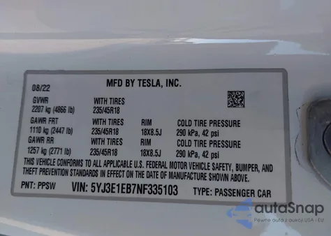 2022 Tesla Model 3 Long Range Dual Motor All-Wheel Drive z USA, uszkodzony, nr VIN 5YJ3E1EB7NF335103